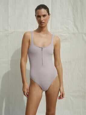 Varley EUC Etherea Sand Tan Hills Scoop Neck Cutout Back One Piece Swimsuit L